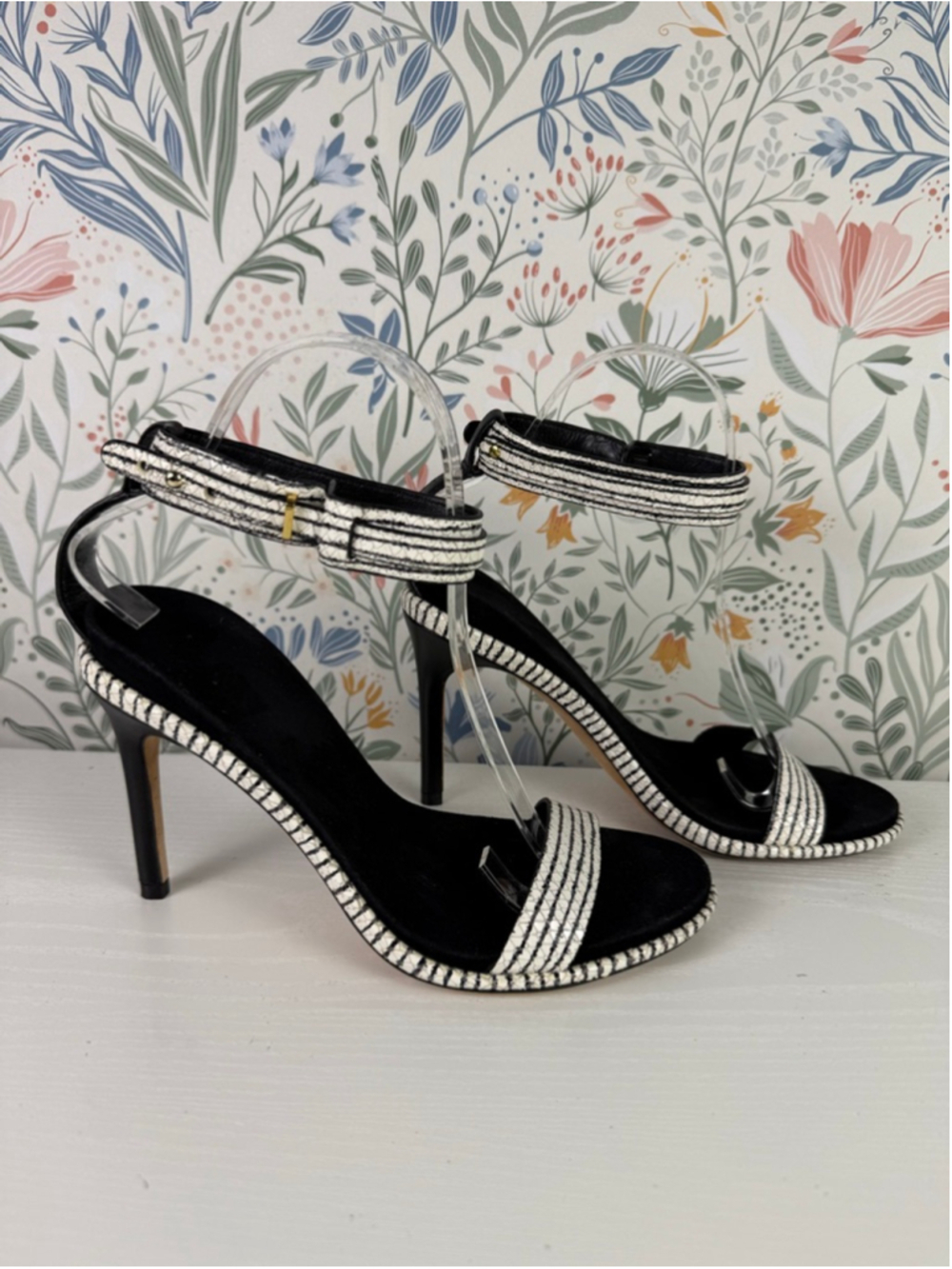 Cole Haan Woven Leather Ankle Strap Heels Black White Sandals Size 7 - Picture 3 of 10